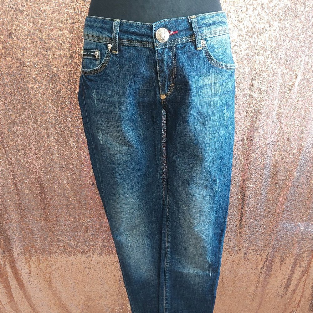 Madness National Women's Straight Leg Cuffed Legs Skull Buttons Denim Jeans 29